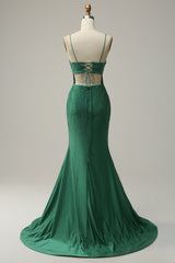 Homecoming Dresses Unique, Mermaid Spaghettti Straps Dark Green Sequins Long Prom Dress with Split Front