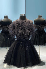Party Dress Shops, Black A-Line Strapless Homecoming Dress with Feathers