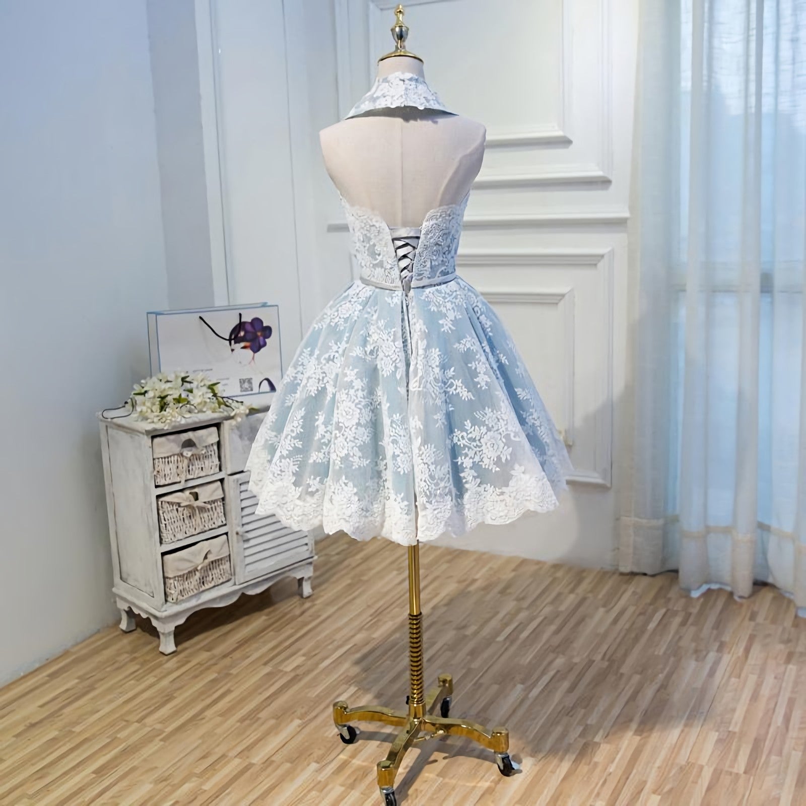 Sparklie Dress, Halter Light Sky Blue Lace Appliques Homecoming Dresses With Lace Up Cocktail Dresses