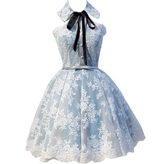 Party Dress Halter Neck, Halter Light Sky Blue Lace Appliques Homecoming Dresses With Lace Up Cocktail Dresses