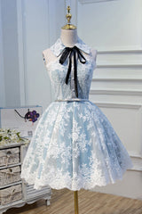 Black Tie Dress, Halter Light Sky Blue Lace Appliques Homecoming Dresses With Lace Up Cocktail Dresses