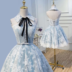 Classy Outfit Women, Halter Light Sky Blue Lace Appliques Homecoming Dresses With Lace Up Cocktail Dresses