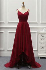 Glamorous Dress, A Line High Low Tulle Prom Dress with Train, Burgundy V Neck Backless Formal Dress