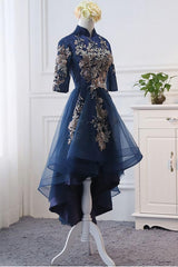 Mismatched Bridesmaid Dress, High Neck High Low Dark Navy Half Sleeve Tulle Homecoming Dresses With Appliques H1036