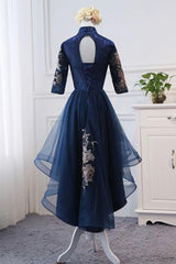 Simple Prom Dress, High Neck High Low Dark Navy Half Sleeve Tulle Homecoming Dresses With Appliques H1036
