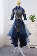 Spring Wedding Color, High Neck High Low Dark Navy Half Sleeve Tulle Homecoming Dresses With Appliques H1036