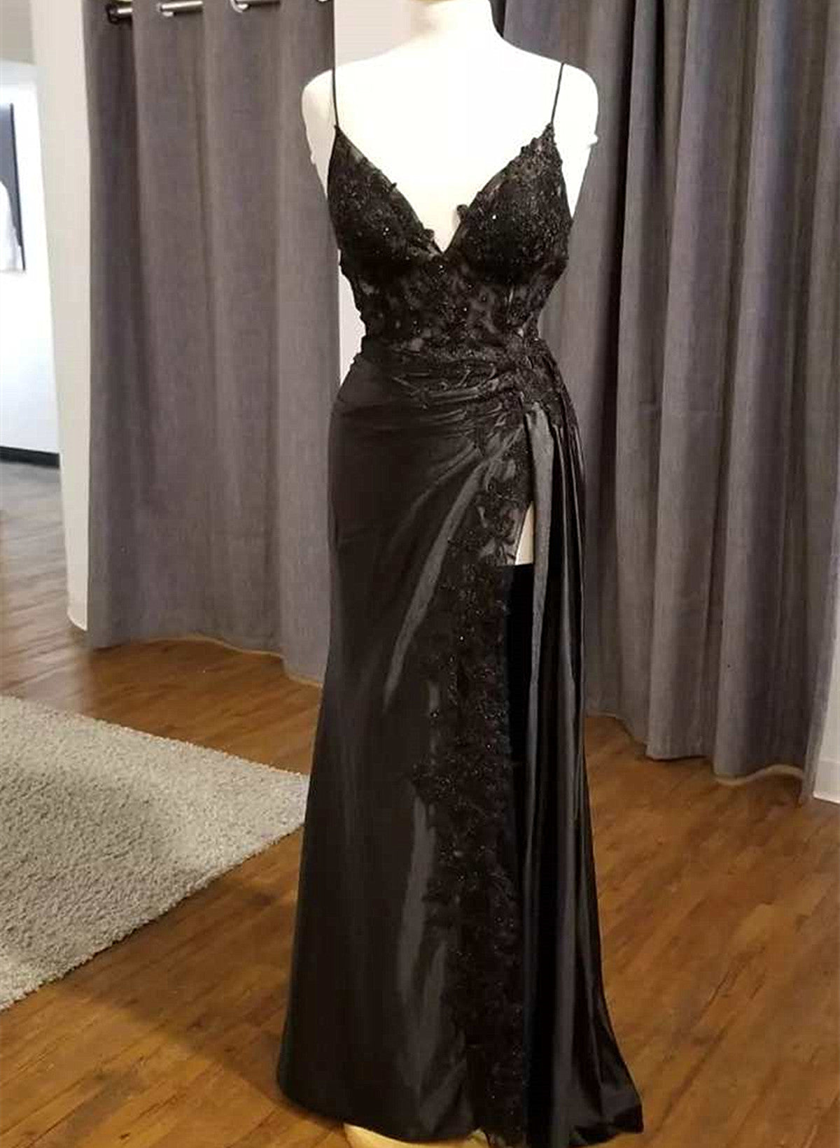 Formal Dress For Ladies, Black V-Neckline Straps Tulle With Lace Party Dress, A-Line Black Evening Dress Prom Dress