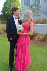 Prom Dresses Red, Hot Pink Long Prom Dresses A-line Tulle Tiered Pom Dress Ideas