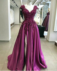 Bridesmaid Dresses Idea, Lace Flowers Beaded Cap Sleeves V Neck Prom Dresses, Split Evening Gowns