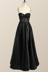 Bridesmaid Dresses Navy Blue, Beaded Black Satin A-line Prom Dress