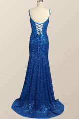 Quinceanera Dress, Royal Blue Sequin Mermaid Long Prom Dress