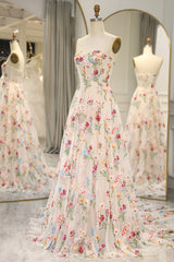 Bridesmaids Dress Floral, Ivory Flower Tulle Sweetheart Long A-Line Prom Dress with Embroidery