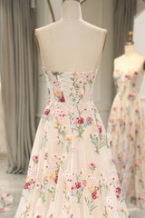 Bridesmaids Dresses Floral, Ivory Flower Tulle Sweetheart Long A-Line Prom Dress with Embroidery