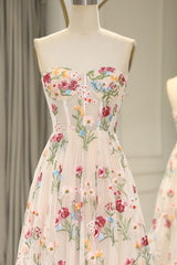 Bridesmaid Dress Floral, Ivory Flower Tulle Sweetheart Long A-Line Prom Dress with Embroidery