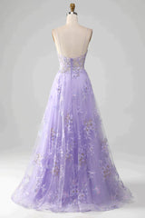 Bridesmaid Dresses 2037, Romantic Purple A Line Spaghetti Straps Long Tulle Prom Dress With Appliques
