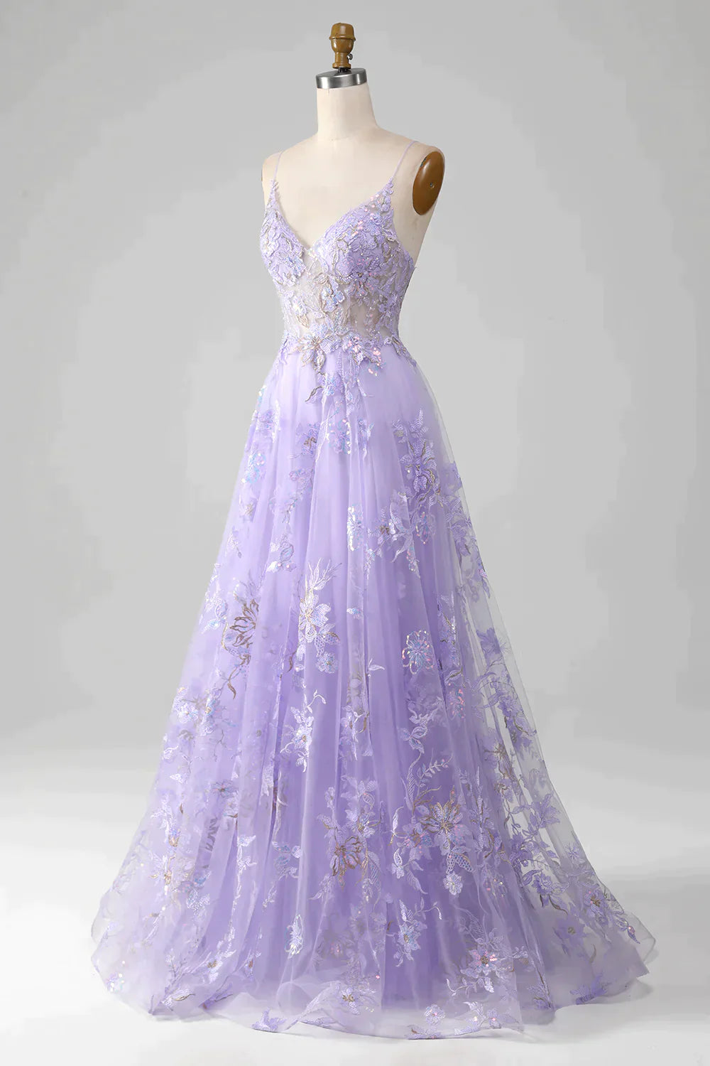 Bridesmaid Dress 2049, Romantic Purple A Line Spaghetti Straps Long Tulle Prom Dress With Appliques