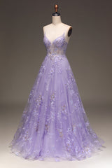 Hoco Dress, A-Line Sequins Purple Prom Dress with Embroidery