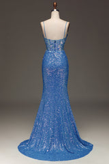 Prom Dress Inspiration, Spaghetti Straps Blue Sparkly Corset Prom Dress with Slit