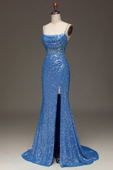 Prom Dresses 2024, Spaghetti Straps Blue Sparkly Corset Prom Dress with Slit