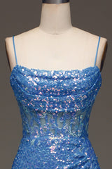 Vintage Prom Dresses, Spaghetti Straps Blue Sparkly Corset Prom Dress with Slit