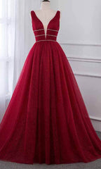 Stylish Deep Alluring V-neck Sleeveless Tulle Sexy A-line Rhinestones Prom Dress