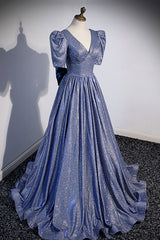 Homecoming Dresses Long, Blue Long A-Line Prom Dress, Simple V-Neck Short Sleeve Evening Dress