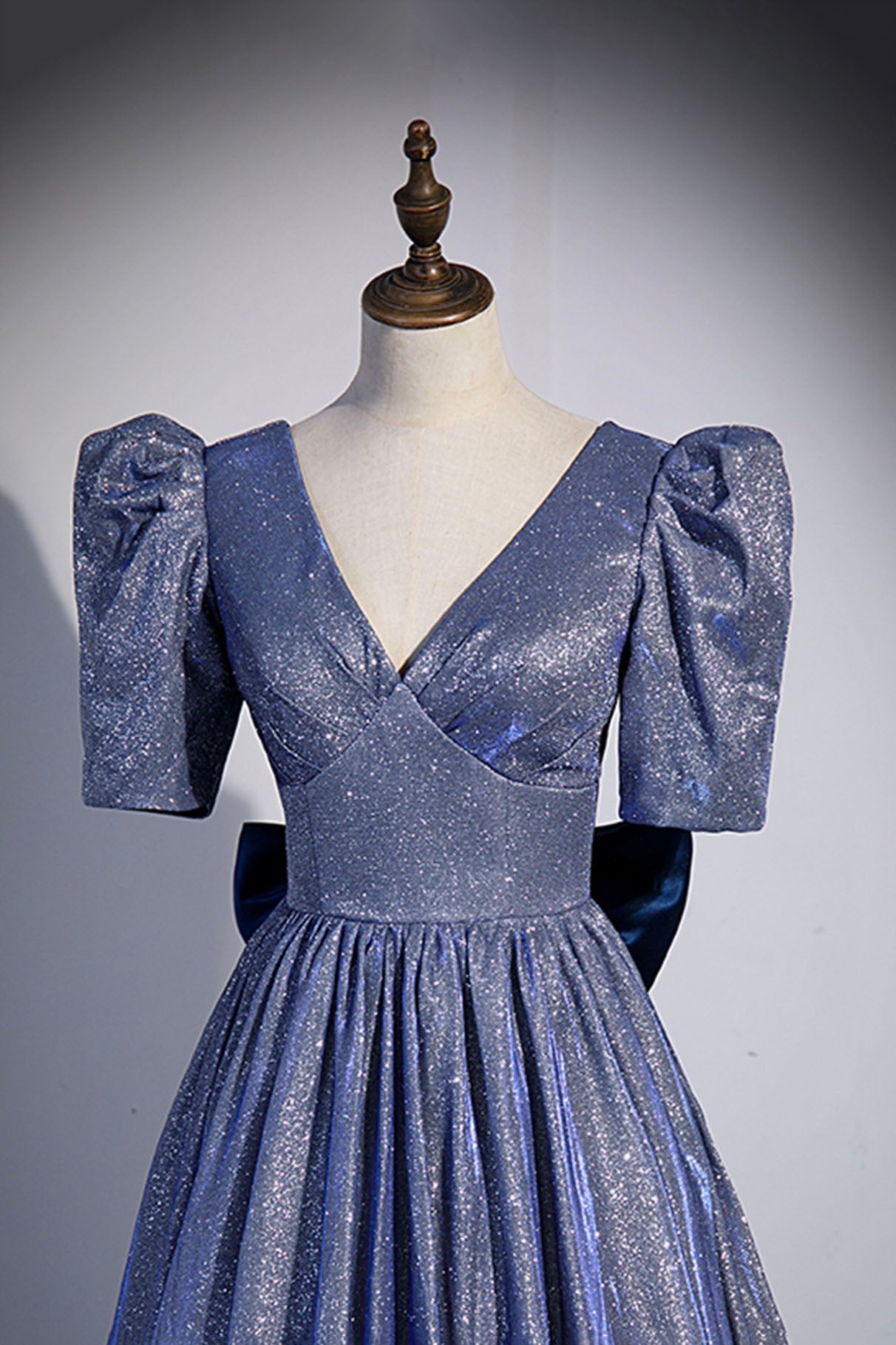 Homecoming Dress Short, Blue Long A-Line Prom Dress, Simple V-Neck Short Sleeve Evening Dress