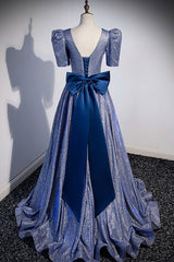 Homecoming Dresses Short, Blue Long A-Line Prom Dress, Simple V-Neck Short Sleeve Evening Dress