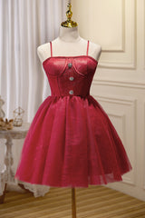 Princess Dress, Chic Burgundy Spaghetti Straps Lace Tulle Short Homecoming Dresses