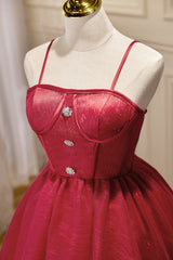 Evening Dress, Chic Burgundy Spaghetti Straps Lace Tulle Short Homecoming Dresses