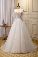Wedding Dresses Lace Tulle, Chic Spaghetti Straps Beading A Line Tulle Wedding Gown
