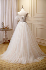 Wedding Dress For Beach Wedding, Chic Spaghetti Straps Beading A Line Tulle Wedding Gown