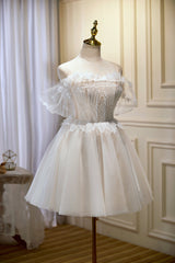 Classy Prom Dress, Chic Ivory Spaghetti Straps Off The Shoulder Tulle Homecoming Dresses