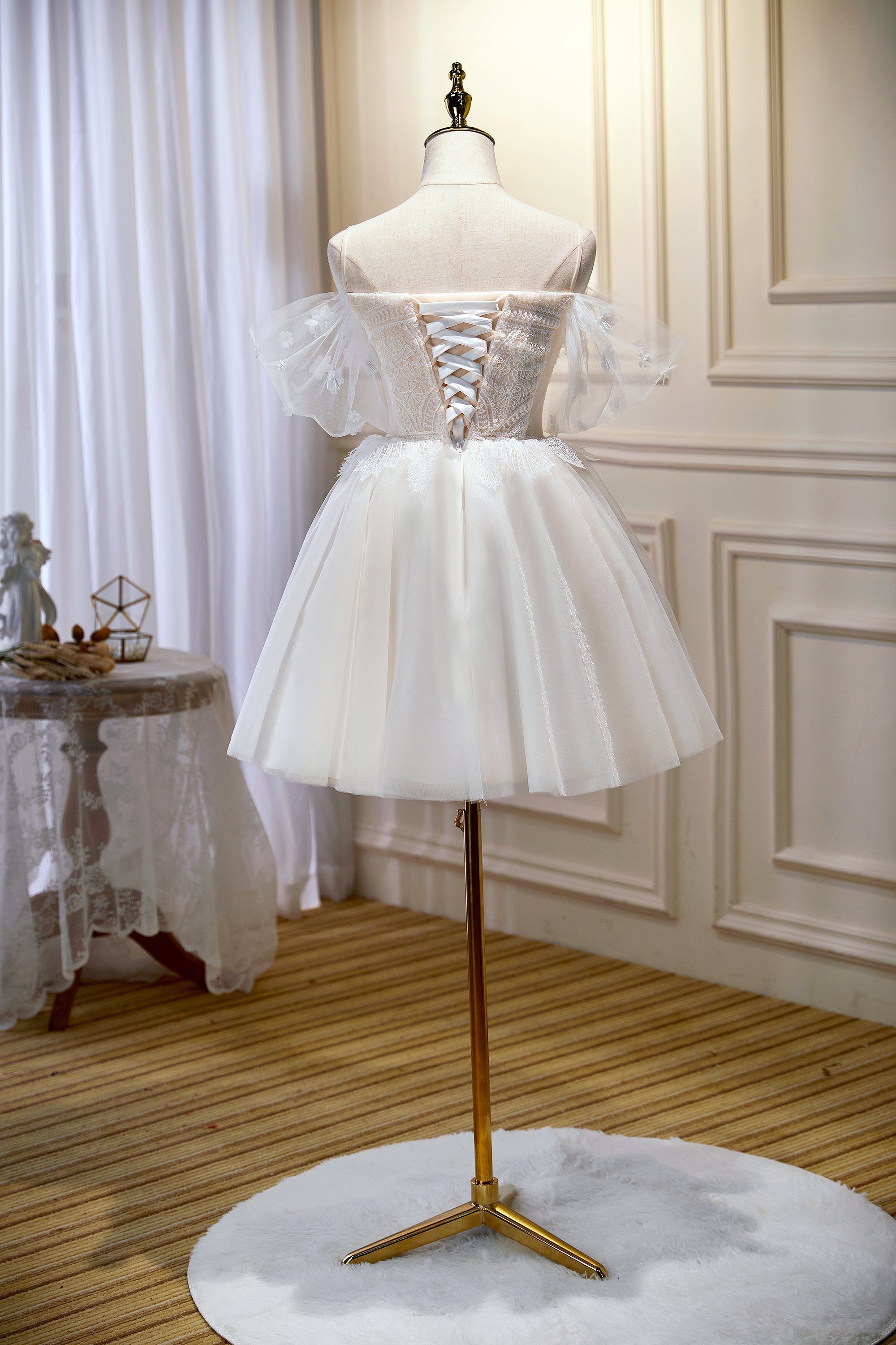 Short Dress, Chic Ivory Spaghetti Straps Off The Shoulder Tulle Homecoming Dresses