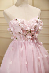 Prom Dresses Gold, Cute Pink Strapless Sweetheart Appliques Tulle Short Homecoming Dresses