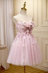 Prom Dresses Black Girls, Cute Pink Strapless Sweetheart Appliques Tulle Short Homecoming Dresses