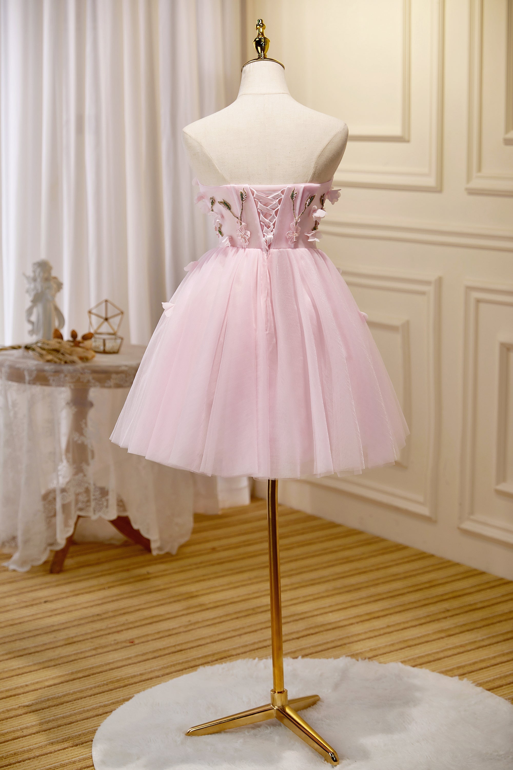 Prom Dress Black Girl, Cute Pink Strapless Sweetheart Appliques Tulle Short Homecoming Dresses