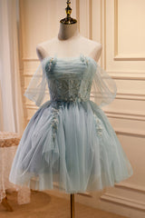 Bridesmaids Dresses Idea, Charming Blue Off The Shoulder A Line Tulle Short Homecoming Dresses
