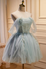 Bridesmaides Dress Ideas, Charming Blue Off The Shoulder A Line Tulle Short Homecoming Dresses