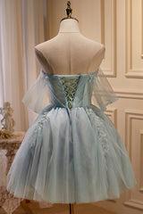 Bridesmaid Dresses Idea, Charming Blue Off The Shoulder A Line Tulle Short Homecoming Dresses