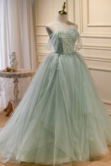 Prom Dresses Pink, Elegant Green Strapless Evening Gown Off The Shoulder Tulle Prom Dresses