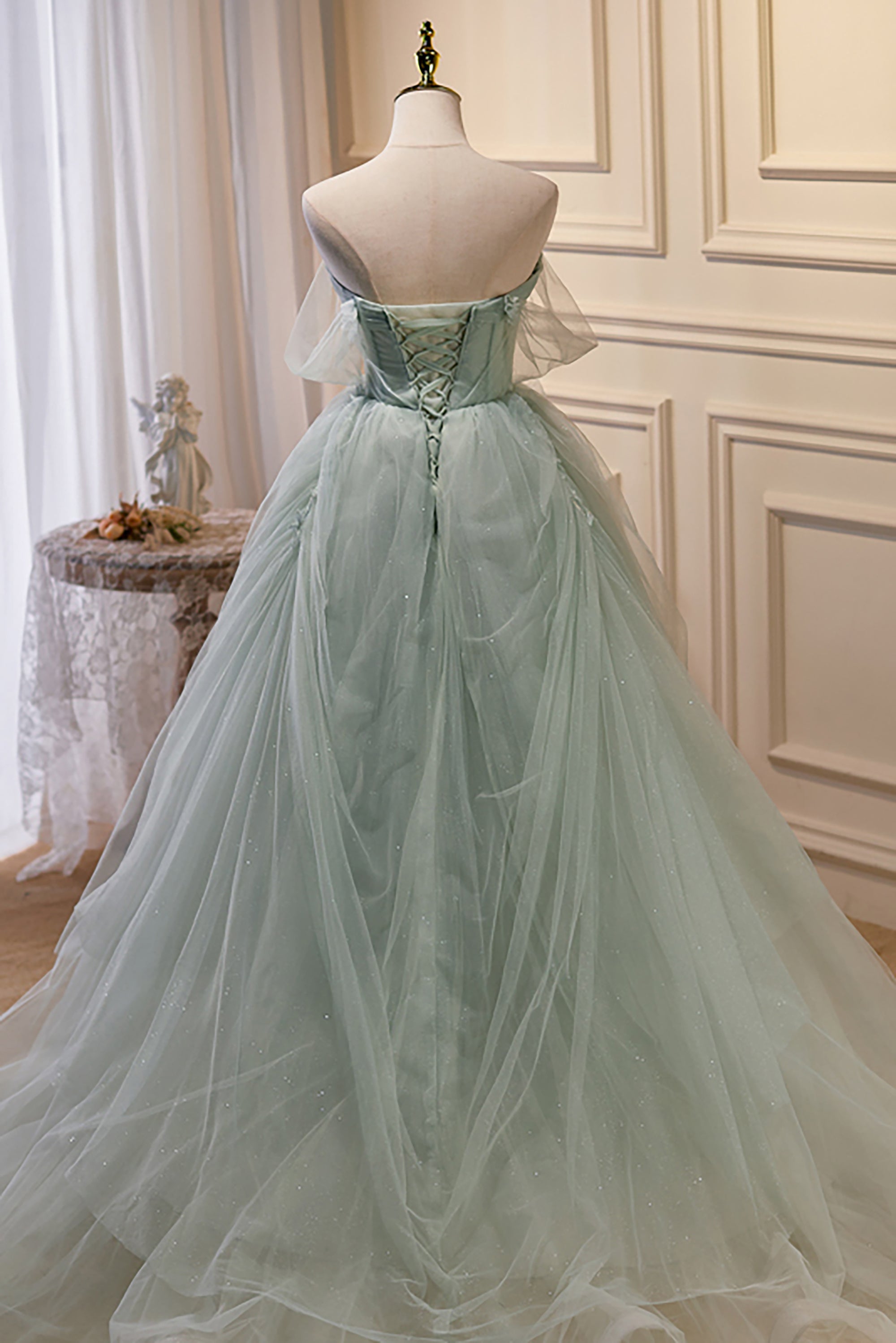 Prom Dress Designer, Elegant Green Strapless Evening Gown Off The Shoulder Tulle Prom Dresses
