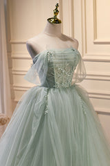 Prom Dresses Designer, Elegant Green Strapless Evening Gown Off The Shoulder Tulle Prom Dresses