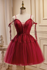 Bridesmaid Dresses Color Palette, Burgundy Spaghetti Straps V Neck A Line Tulle Short Homecoming Dresses