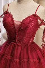 Bridesmaids Dresses Different Styles, Burgundy Spaghetti Straps V Neck A Line Tulle Short Homecoming Dresses