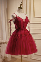 Bridesmaid Dresses Color Palettes, Burgundy Spaghetti Straps V Neck A Line Tulle Short Homecoming Dresses
