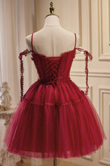 Bridesmaid Dress Color Palette, Burgundy Spaghetti Straps V Neck A Line Tulle Short Homecoming Dresses
