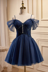 Prom Dress Blue Long, Dark Navy Spaghetti Straps V Neck Tulle Short Homecoming Dresses