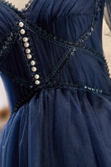 Prom Dress Long Quinceanera Dresses Tulle Formal Evening Gowns, Dark Navy Spaghetti Straps V Neck Tulle Short Homecoming Dresses