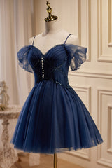 Prom Dresses Blue Long, Dark Navy Spaghetti Straps V Neck Tulle Short Homecoming Dresses